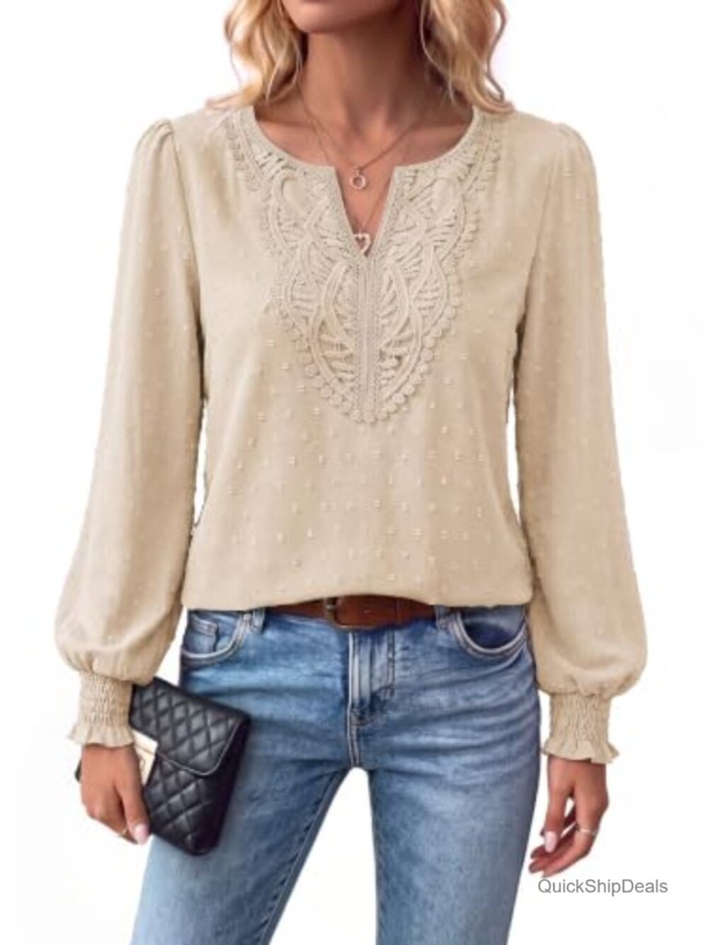 Womens Lace Embroidered V-Neck Puff Sleeve Blouse Flowy Casual Top